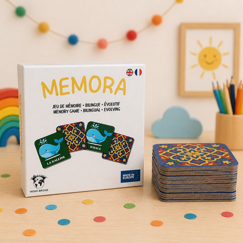 Boîte du jeu MEMORA Français-Anglais – Jeu de cartes bilingue Word Bridge